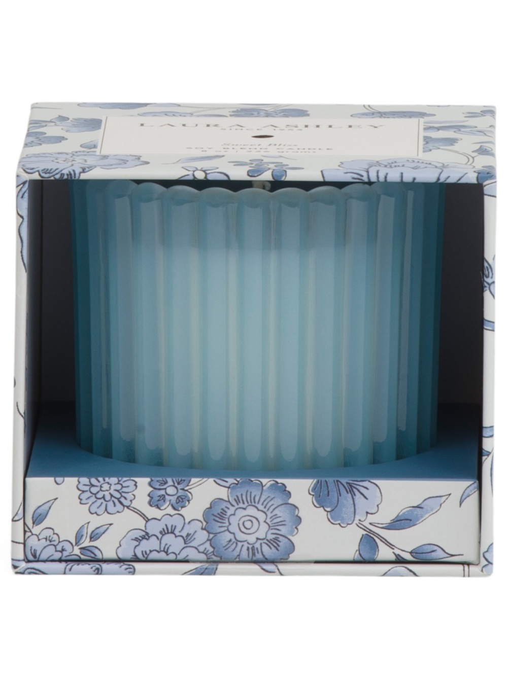 LAURA ASHLEY NWT sweet bliss 8oz ribbed straight glass candle -blue